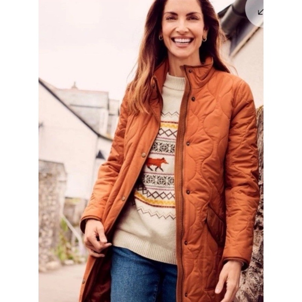 Talbots Quilted Long Puffer Jacket Size Med Petite Orange Classic Coat Winter